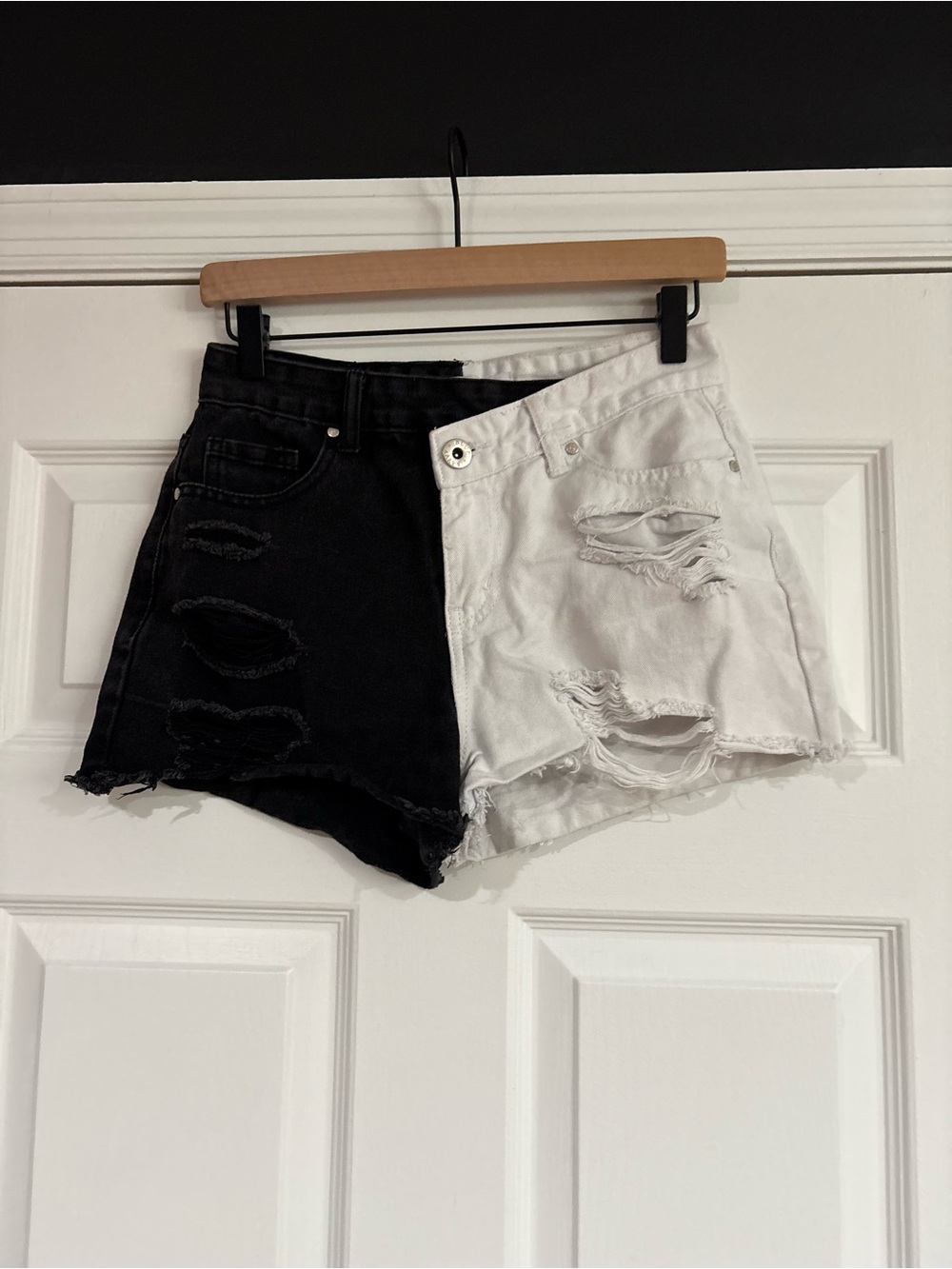 Two-Tone Distressed Jean Shorts - Black & White
